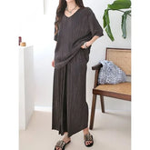 Set: Short-Sleeve V-Neck Pleated Top + Elastic Waist Pleated Pants