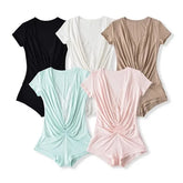 Short-Sleeve V-Neck Plain Lace Panel Ruched Romper