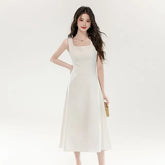 Sleeveless Square Neck Plain Midi A-Line Dress