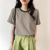Short-Sleeve Round Neck Striped Contrast Trim Tee