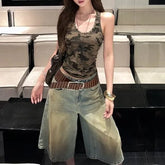 Scoop Neck Camo Print Studded Slim Fit Tank Top / Low Rise Vintage Washed Jorts