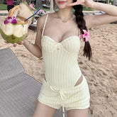 Set: Spaghetti Strap Plain Swimsuit + Drawstring Swim Shorts