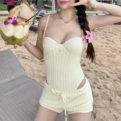 Set: Spaghetti Strap Plain Swimsuit + Drawstring Swim Shorts