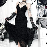 Spaghetti Strap V-Neck Lace Midi Sheath Dress