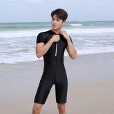 Short-Sleeve Half Zip Plain Swimsuit