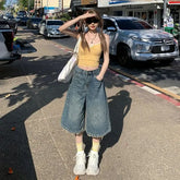 Mid Waist Washed Wide Leg Jorts