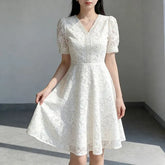 Puff-Sleeve V-Neck Midi A-Line Lace Dress