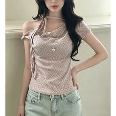 Short-Sleeve Halter Neck Off-Shoulder Dotted Slim Fit Crop Tee