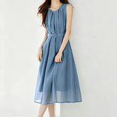 Sleeveless Round Neck Plain Belted Midi A-Line Dress