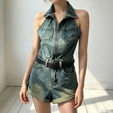 Set: Halter Roll Up Hem Zip Denim Wide Leg Romper + Belt