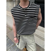 Sleeveless Henley Neck Striped T-Shirt