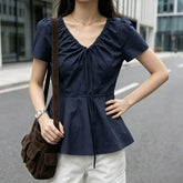 Short Sleeve V-Neck Drawstring Plain Slim-Fit Blouse
