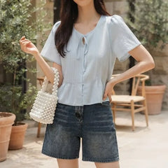 Short-Sleeve Plain Bow Blouse