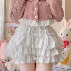 Elastic Waist Plain Lace Trim Tiered Ruffle Mini A-Line Skort