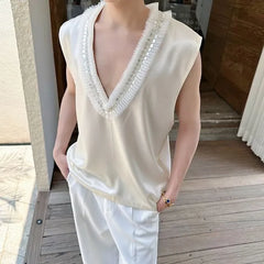 Sleeveless V-Neck Plain Ruffle Trim Oversized Top