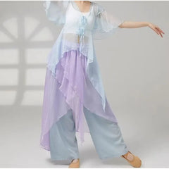 Elbow-Sleeve V-Neck Tie Front Plain Dance Top / High Waist Asymmetrical Skirt Overlay Wide Leg Pants