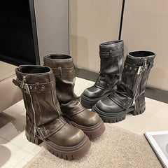 Buckled Faux Leather Platform Mid-calf Boots