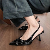 Kitten Heel Pointed Toe Plain Buckled Patent Leather Slingback Sandals