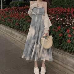 Spaghetti Strap Tie Dye Ruffle Trim Midi A-Line Sundress