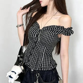 Off-Shoulder Plaid Ruffle Top