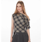 Short-Sleeve Off Shoulder Plaid Ruched Tee
