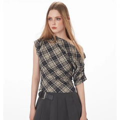Short-Sleeve Off Shoulder Plaid Ruched Tee
