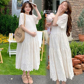 Maternity Short Sleeve Midi A-Line Eyelet Lace Dress
