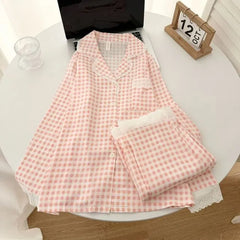 Pajama Set: Long-Sleeve Lapel Collar Plaid Lace Trim Button-Up Top + Pants