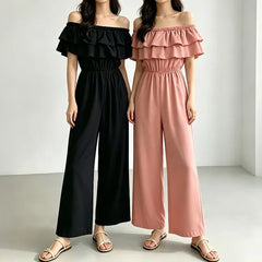 Off-Shoulder Plain Ruffled Wide Leg Jumpsuit