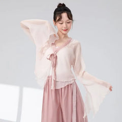 Bell-Sleeve Tie-Front Layered Mesh Dance Top