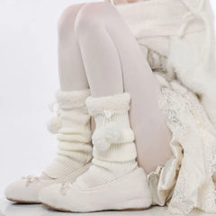 Pom Pom Fleece Panel Ribbed Knit Leg Warmers
