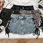 Mid Waist Lace-Up Denim Mini Pencil Skorts