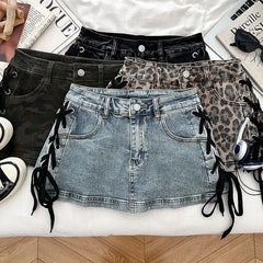 Mid Waist Lace-Up Denim Mini Pencil Skorts