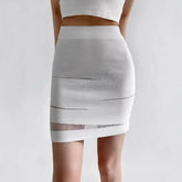 High Rise Plain Sheer Panel Knit Mini Pencil Skirt