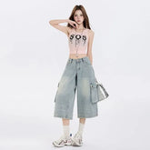 Mid Rise Washed Capri Wide Leg Cargo Jeans