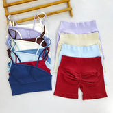 Plain Asymmetrical Plain Ribbed Sports Bra / High Waist Biker Shorts