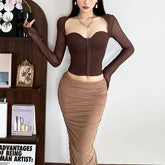 L - Long Sleeve Square-Neck Plain Corset Top