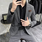 Set: Lapel Collar Plain Blazer + Mid Rise Cropped Straight Leg Dress Pants