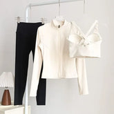 Set: Stand Collar Plain Zip Jacket + Sport Bra Top + High Waist Plain Yoga Pants
