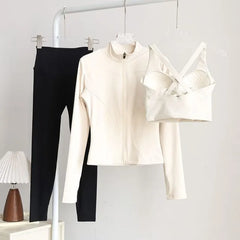 Set: Stand Collar Plain Zip Jacket + Sport Bra Top + High Waist Plain Yoga Pants