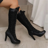 Lace Panel Lace Up High Heel Knee High Boots