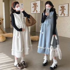 Maternity Long-Sleeve Mock Neck Plain Knit Top / Sleeveless Crew Neck Midi A-Line Dress / Set