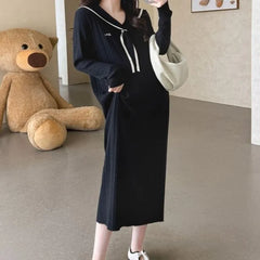 Maternity Long-Sleeve Collared Cable Knit Midi Bodycon Dress
