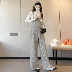 Maternity Long-Sleeve Crew Neck Plain Tee / Striped Wide Leg Jumper Pants / Set