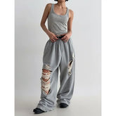 Unisex Elastic Waist Distressed Plain Loose-Fit Sweatpants