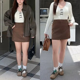 Plus Size Long-Sleeve V-Neck Plain Lace Trim T-Shirt / High Waist Plain Mini A-Line Skirt / Collared Plain Faux Leather Zip Jacket