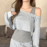 Set: Long-Sleeve Off Shoulder Plain Crop Top + Striped Tank Top