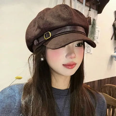 Belt Faux Suede Newsboy Cap
