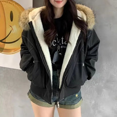 Furry Trim Hooded Zip-Up Jacket