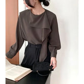 Long-Sleeve Plain Ruffle Blouse